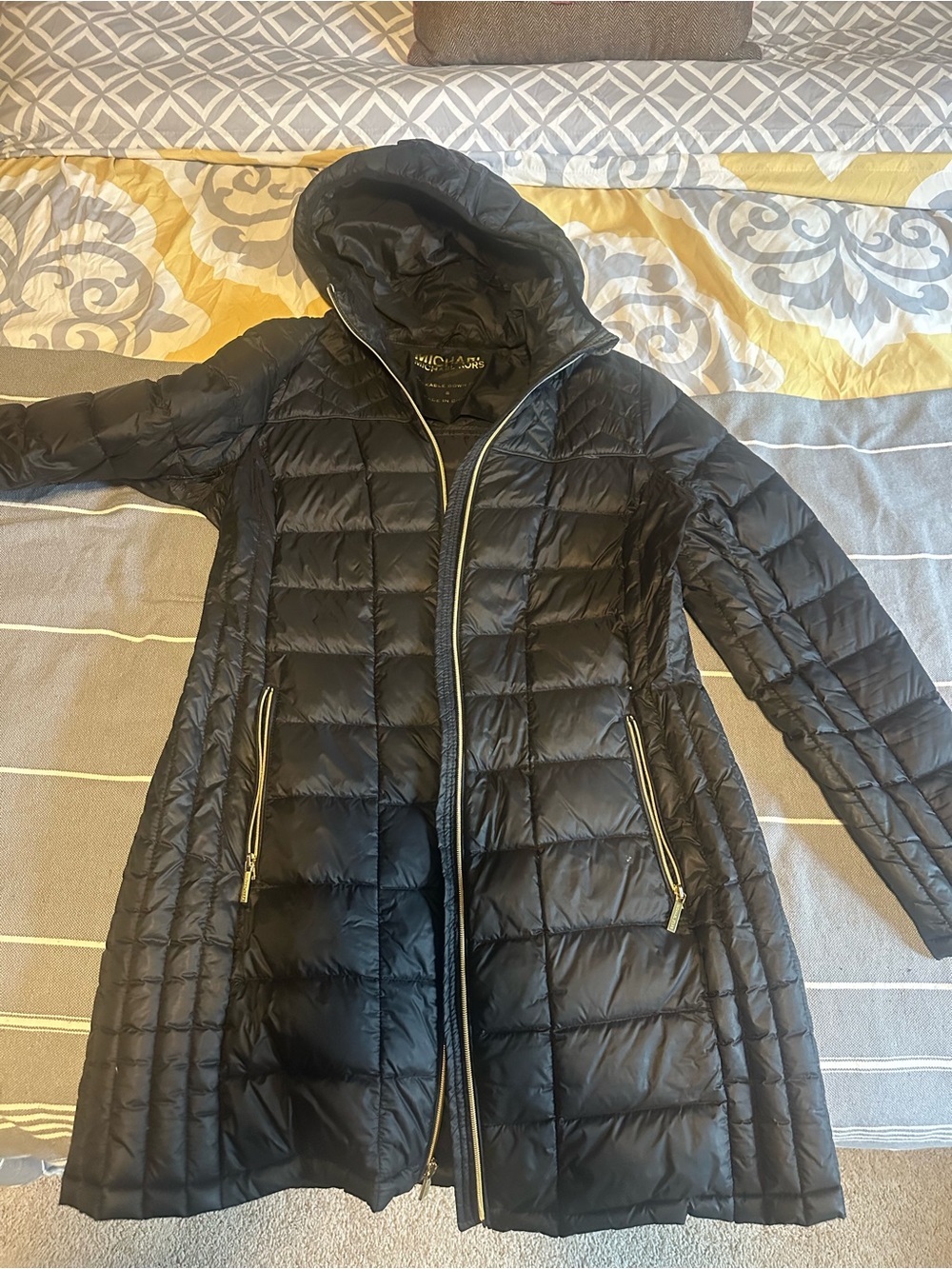 Michael Kors Black Quilted Hooded Puffer Coat with Gold Zippers